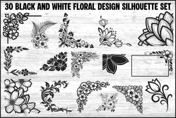30 Black and White Floral Design Bundle: Graphics & Illustrations