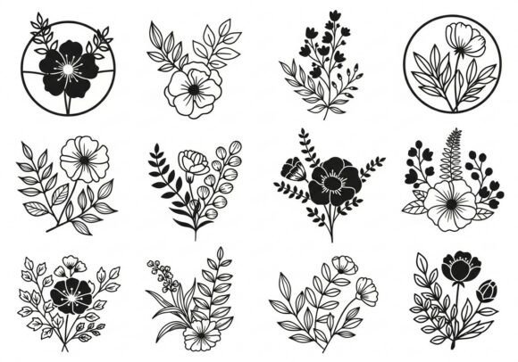 Black and White Floral Flowers Leaves Graphics