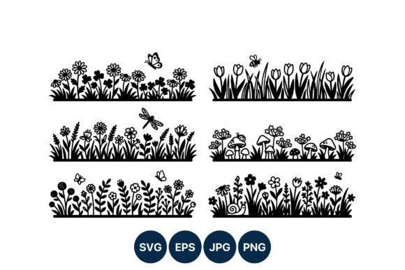Black and White Floral Garden Borders for Graphics & Illustrations
