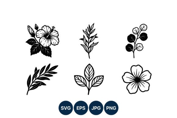 Black and White Floral Leaf Vector Icons for Graphics