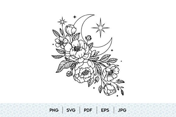 Celestial Floral Bouquet Moon Art: Graphics & Illustrations for Local Branding