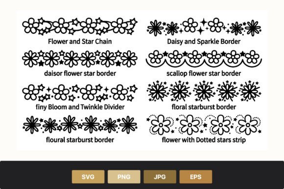 Daisy Star Floral Borders Black White Graphics and Illustrations