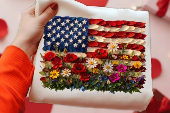 Faux Patchwork Floral America Flag Bow Graphics