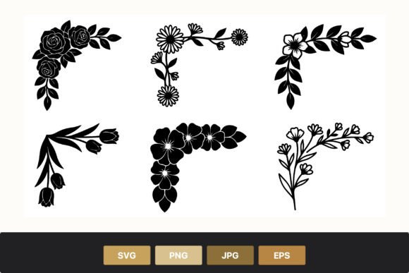 Floral Corner Black Silhouettes: Premium Graphics for Handmade Illustrations