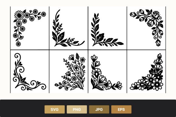 Floral Corner Decorative Black and White Graphics for Handmade Crafts