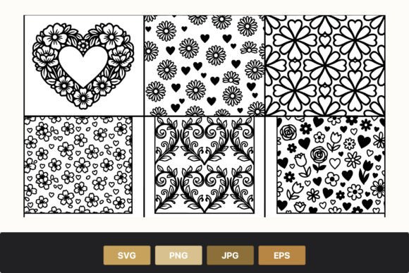 Floral Hearts Black and White Patterns for Graphics and Illustrations