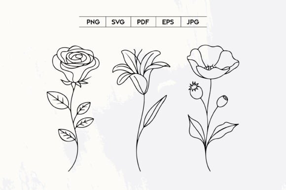 Floral Line Art Set Rose Lily Poppy SVG for Graphics