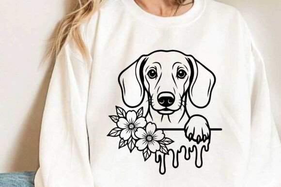 Floral Peeking Dripping Dachshund Vector Graphics and Illustrations