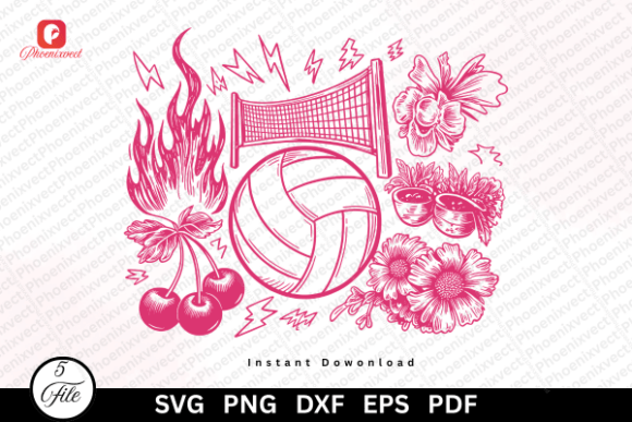 Floral Retro Coquette Volleyball SVG PNG Graphics & Illustrations