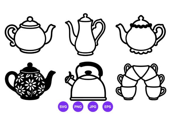 Floral Teapot Kettle and Tea Cup Vector Graphics for Crafts