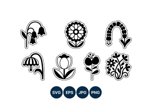 Folk Art Floral Black White Flower Icons: Graphics & Illustrations