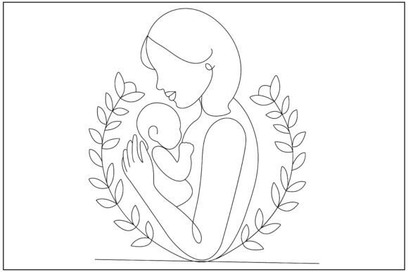 Mother Baby Floral Frame Line Art for Graphics and Illustrations