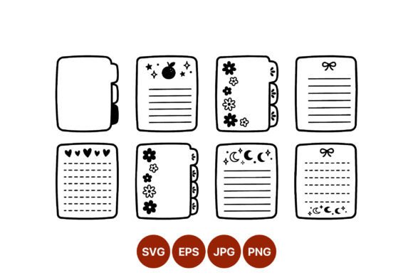 Notebook Pages Line Art Floral Moon Graphics