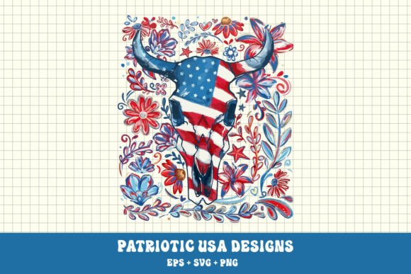 Patriotic Cow Skull Floral Western USA Graphics