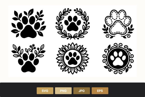 Paw Print Floral Wreath Vector Set for Graphics and Illustrations