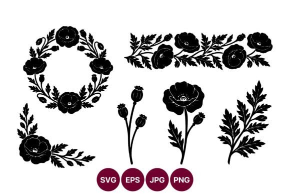 Poppy Floral Border and Wreath Vector: Graphics & Illustrations for Handmade Branding