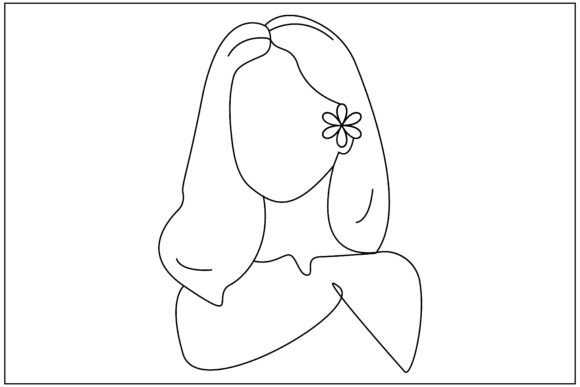 Rose Floral Long Hair Woman Line Art for Graphics and Illustrations