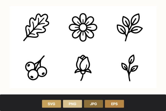 Simple Black Line Floral Leaf Icons for Graphics & Illustrations