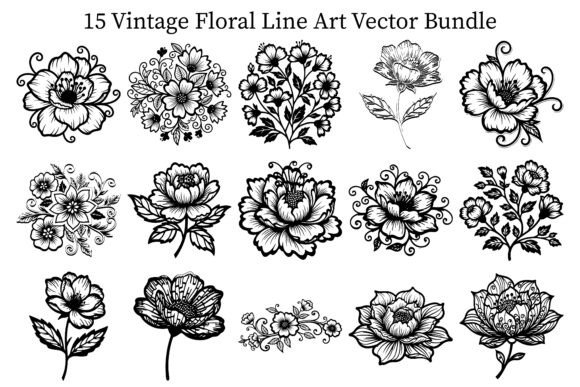 Vintage Floral Line Art Vector Bundle: Graphics & Illustrations for Elegant Design