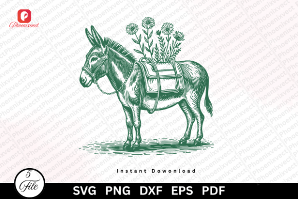 Vintage Hand Drawn Floral Donkey SVG PNG for Graphics & Illustrations